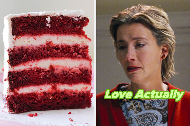 On the left, a slice of red velvet cake, and on the right, Emma Thompson crying as Karen in Love Actually