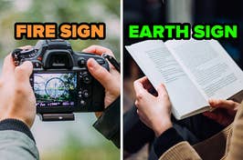 On the left, someone taking a picture of nature labeled fire sign, and on the right, someone reading a book labeled earth sign