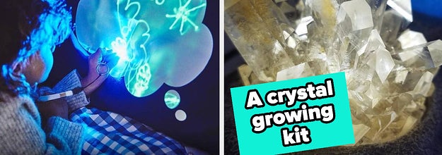 A child using a light to draw images on a pillow case/A crystal from a crystal growing kit