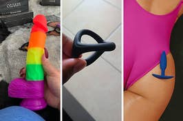 reviewer holding rainbow stripe dildo, reviewer holding triple cock ring, and model posing with blue butt plug on butt