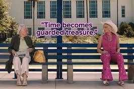 "Time becomes guarded treasure" between an old woman and margot robbie as barbie looking at each other