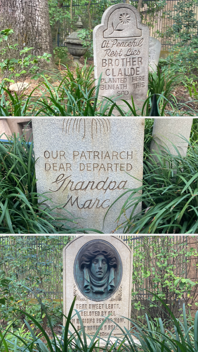 The three gravestones: &quot;Our Patriarch Dear Departed Grandpa Marc,&quot; &quot;Dear Sweet Leota, Beloved by All,&quot; and &quot;At Peaceful Rest Lies Brother Claude, Planted Here Beneath This Sod&quot;