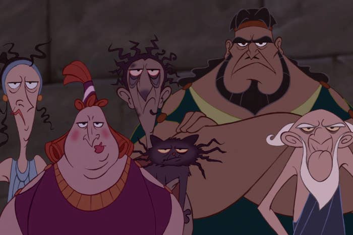 Hercules side characters with burned hair, frowning
