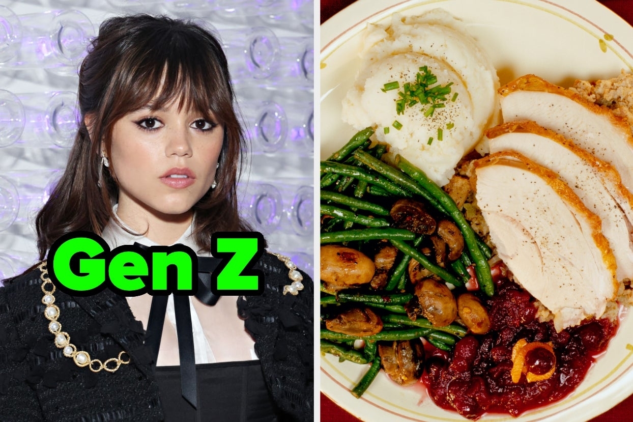 On the left, Jenna Ortega labeled Gen Z, and on the right, a plate with turkey, cranberry sauce, green beans, and mashed potatoes