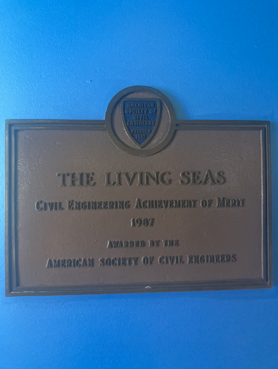 The plaque noting that the Living Seas was recognized with the Civil Engineering Achievement Award of Merit