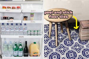 The inside of a labeled fridge door and a patterned tile floor