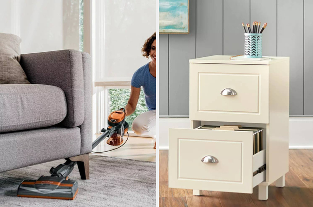 a flexible Shark vacuum on the left and a filing cabinet on the right