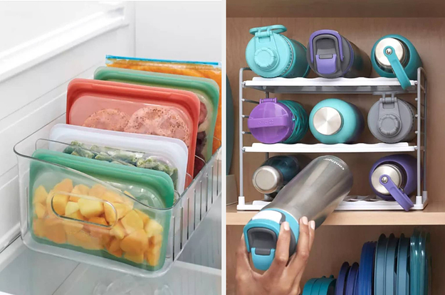 on left: colorful food storage bags in fridge bin. on right: model takes water bottle from water bottle organizer in cabinet