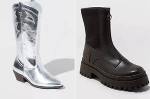 on left: silver Western boot. on right: black combat boot