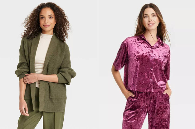 on left: model in green cardigan. on right: model in pink velour pajamas