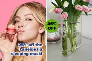 model pouting and posing with laneige lip sleeping mask and reviewer's flowers arranged in transparent book-shaped vase