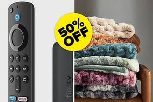 fire TV remote; stack of faux-fur throw blankets