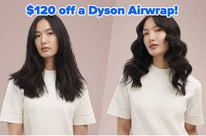 model before and after their hair is styled into mermaid waves with text on image "$120 off a Dyson Airwrap"