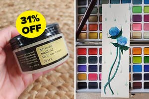a hand holding a jar of snail face cream and text that reads 31% off; a watercolor painting of flowers in the rain