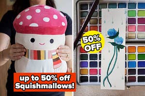 up to 50% off squishmallows and 50% off a watercolor set