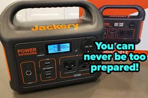 a reviewer photo of a power bank with many outlets and text reading "You can never be too prepared!"