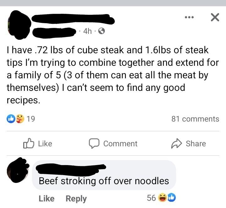 &quot;I have .72 lbs of cube steak and 1.6 lbs of steak tips; I&#x27;m trying to combine together and extend for a family of 5 (3 of them can eat all the meat by themselves); I can&#x27;t seem to find any good recipes&quot;; response: &quot;Beef stroking off over noodles&quot;