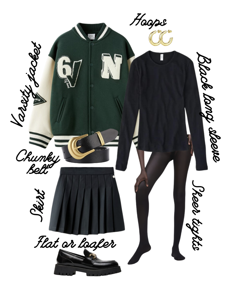 A flat lay of Princess Diana&#x27;s varsity jacket outfit interpreted for 2023