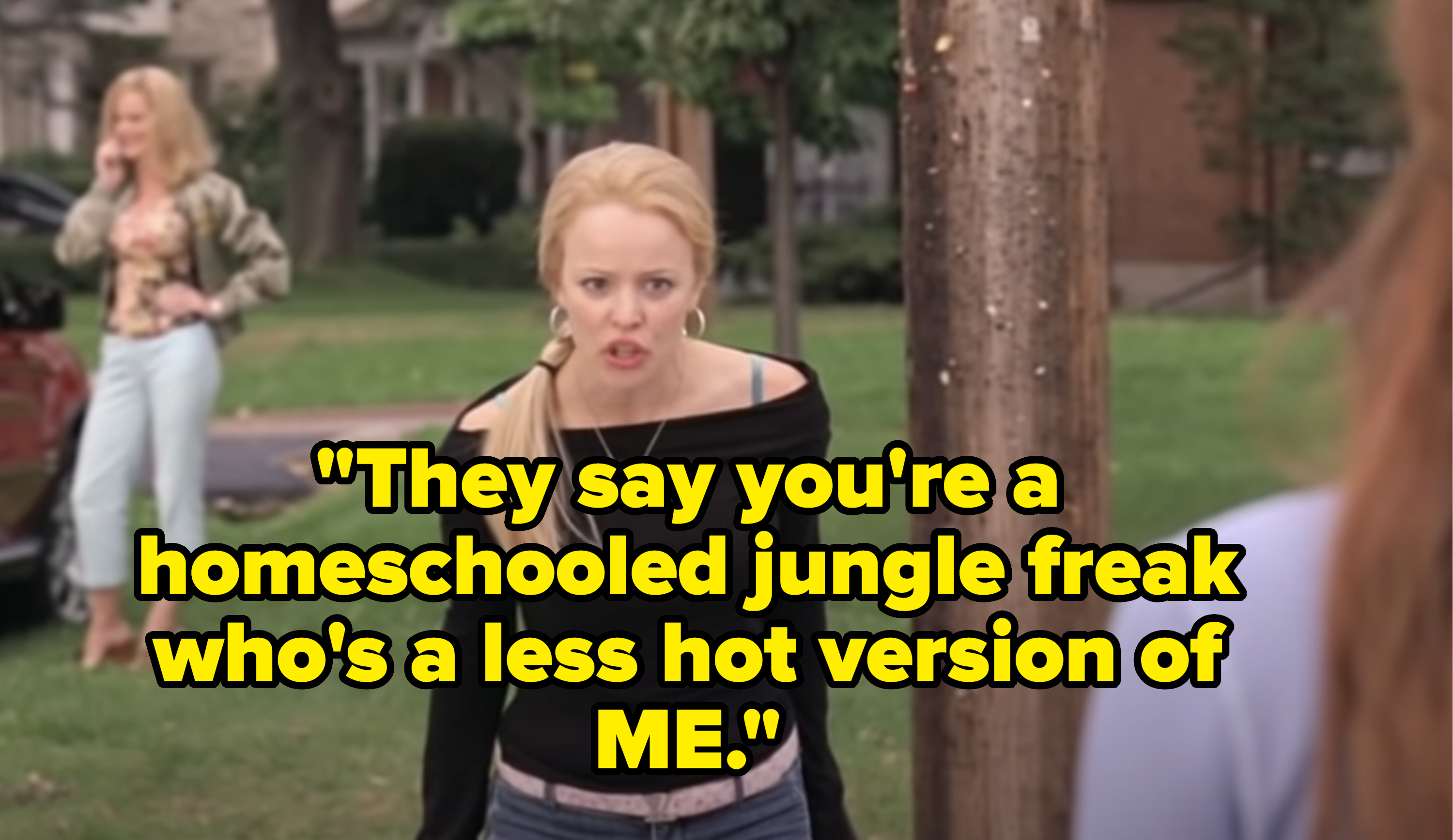 In the middle of a street, Regina George faces Cady Heron. Her mother stands behind her in the grass, on the phone. Text reads &quot;They say you&#x27;re a homeschooled jungle freak who&#x27;s a less hot version of ME.&quot;