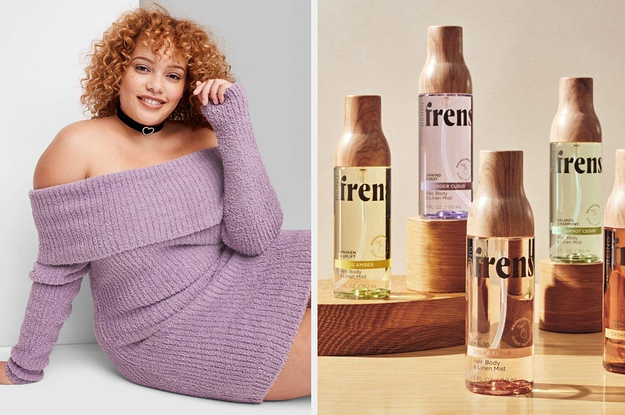a model wearing a purple sweater dress and bottles of frenshe body and room mist