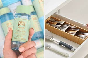 a bottle of Pixi clarifying toner on the left and a bamboo cutlery organizer on the right