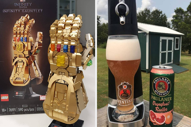 reviewers built Lego infinity gauntlet and reviewers beer dispenser with a cup and can of beer