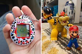 reviewer holding colorful Tamagotchi toy with virtual pet on the screen and Bowser, Bob-omb, and Mario action figures