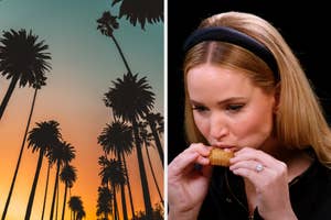 On the left, looking up at palm trees in Los Angeles at sunset, and on the right, Jennifer Lawrence eating a chicken wing