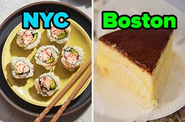 On the left, a California roll labeled NYC, and on the right, a slice of Boston cream pie labeled Boston
