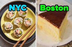 On the left, a California roll labeled NYC, and on the right, a slice of Boston cream pie labeled Boston