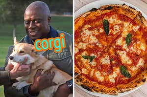 On the left, Captain Holt from Brooklyn Nine Nine holding Cheddar the dog with corgi typed under his chin, and on the right, a margherita pizza