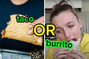 On the left, someone holding a crunchy taco, and on the right, Emma Chamberlain eating a burrito