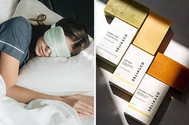on left: model wearing silky green sleep mask. on right: green, yellow, and orange soap bars