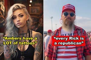 Side-by-sides of a woman covered in a bunch of tattoos and a man in red at a republican rally