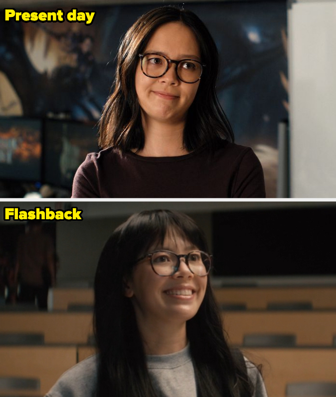 same glasses but flashback she has bangs