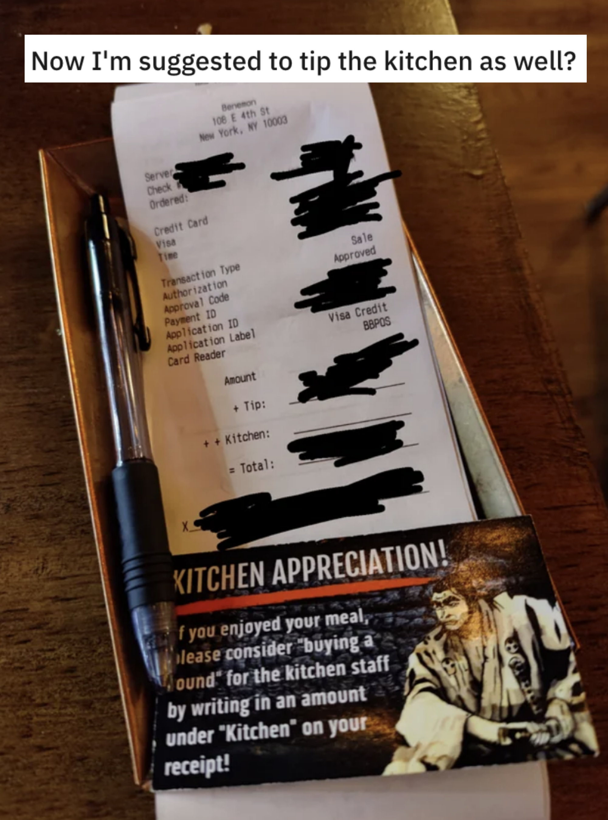 along with the bill, there&#x27;s a post-card sized reminder that you can tip the kitchen as well