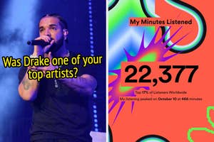 On the left, Drake performing on stage labeled was Drake one of your top artists, and on the right, a Spotify Wrapped screenshot that says my minutes listened 22,377