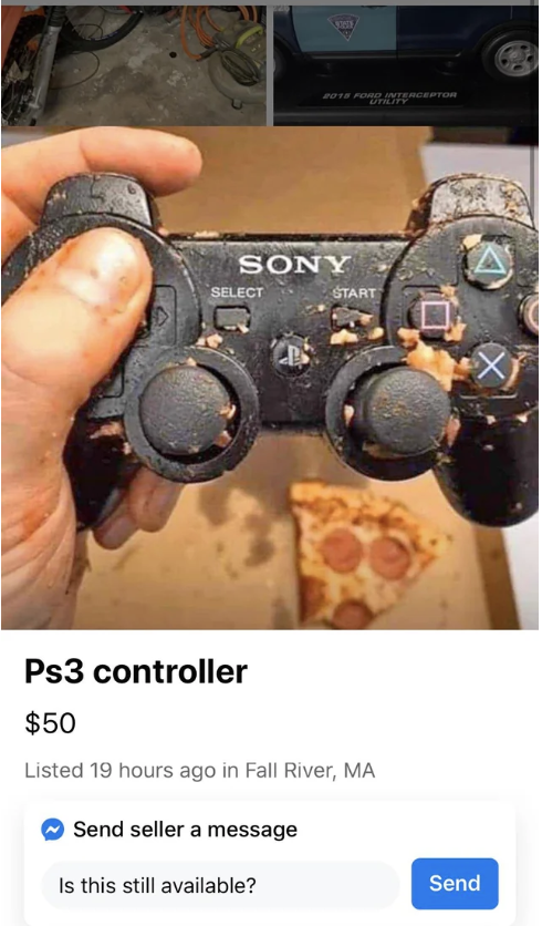 Dirty controller with pizza and other food and grease