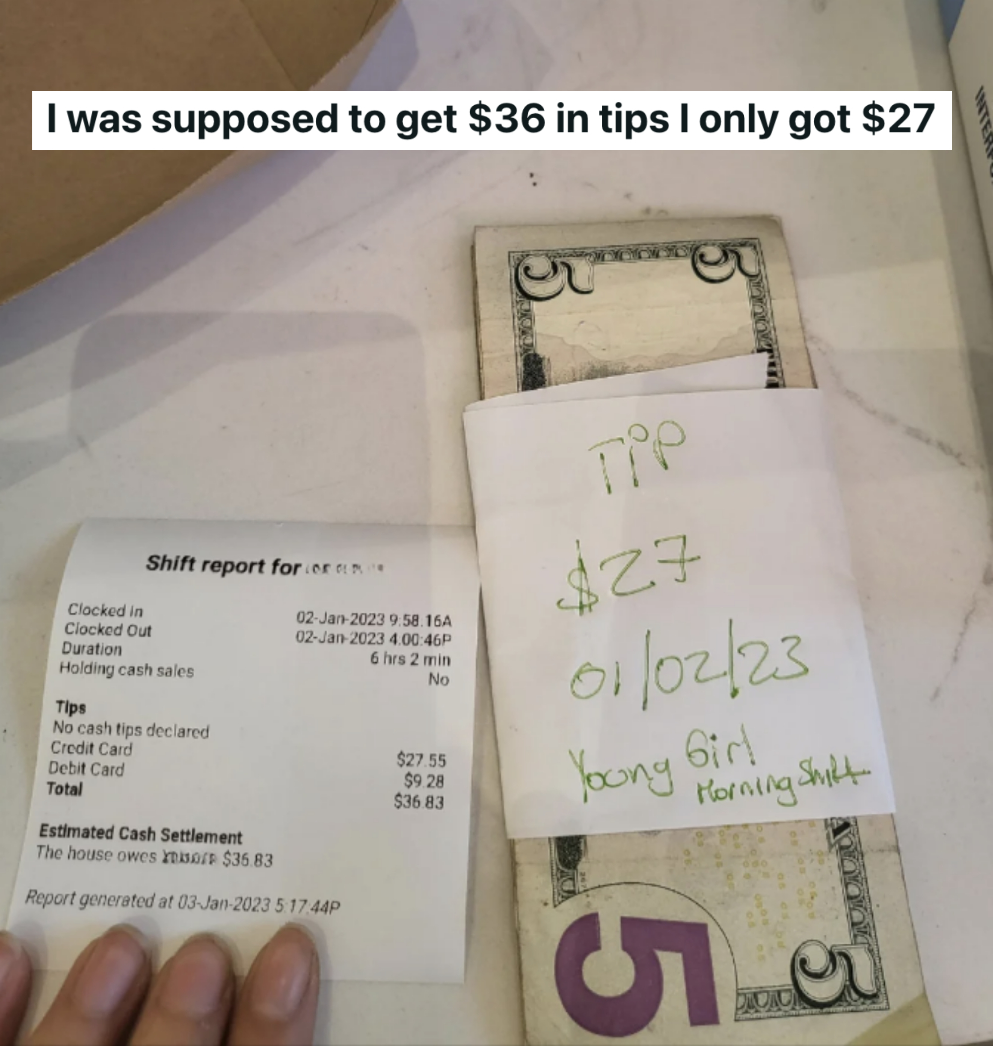 receipt showing 36 in tips but the server only got 27