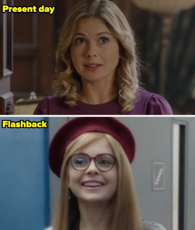 present day character has curly hair and in the flashback she has straight hair with side bangs and a beret