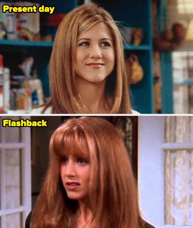 rachel in the flashback has poofy hair and teased out curled bangs