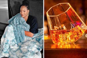 reviewer wrapped in arctic blanket / the diamond whiskey tubmler