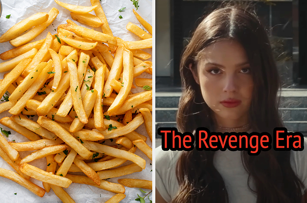 On the left, some fries, and on the right, Olivia Rodrigo staring straight into the camera in the Get Him Back music video labeled The Revenge Era