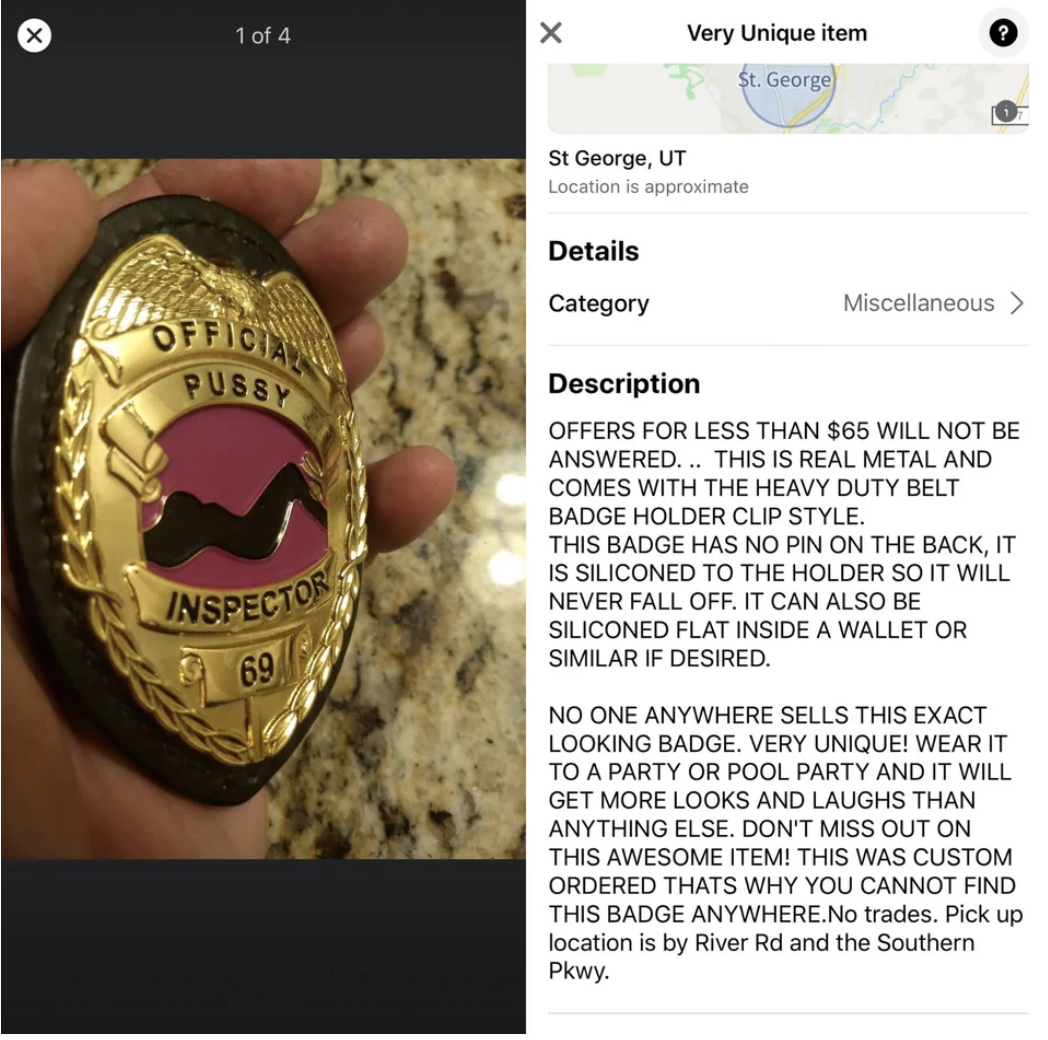 Badge labeled official pussy inspector