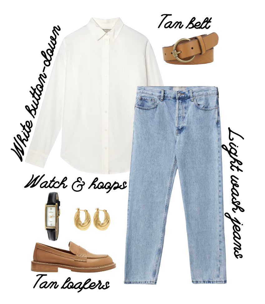 A flat lay of Princess Diana&#x27;s casual chic outfit interpreted for 2023