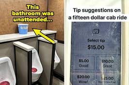 unattended bathroom with tip jar and tip suggestions of $5, $10, $20, and $25 on a $15 cab ride
