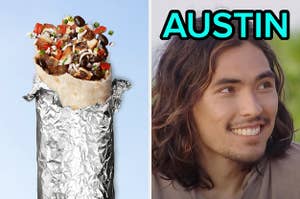On the left, a Chipotle burrito, and on the right, Austin from Survivor 45