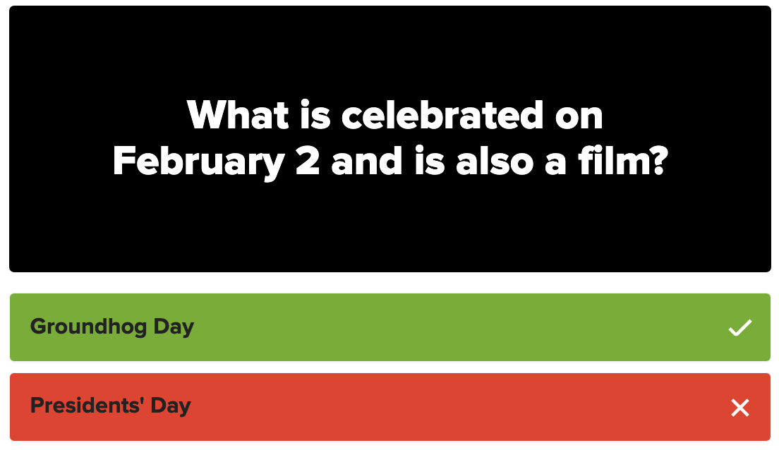 A screenshot of the question what is celebrated on February 2 and is also a holiday with the incorrect answer Presidents&#x27; Day selected