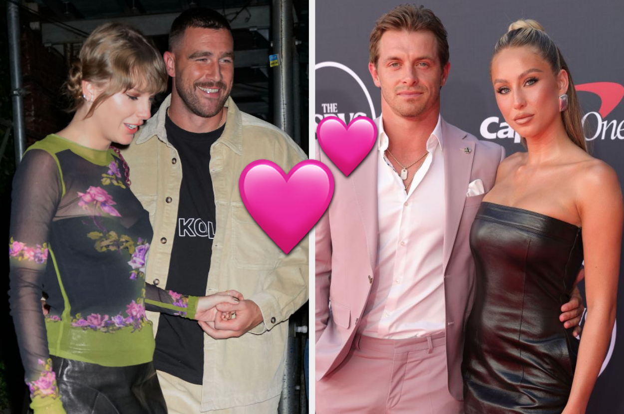On the left, Taylor Swift and Travis Kelce walking outside and holding hands together, and on the right, Braxton Berrios and Alix Earle posing together on the red carpet with a two hearts emoji in between the two pictures
