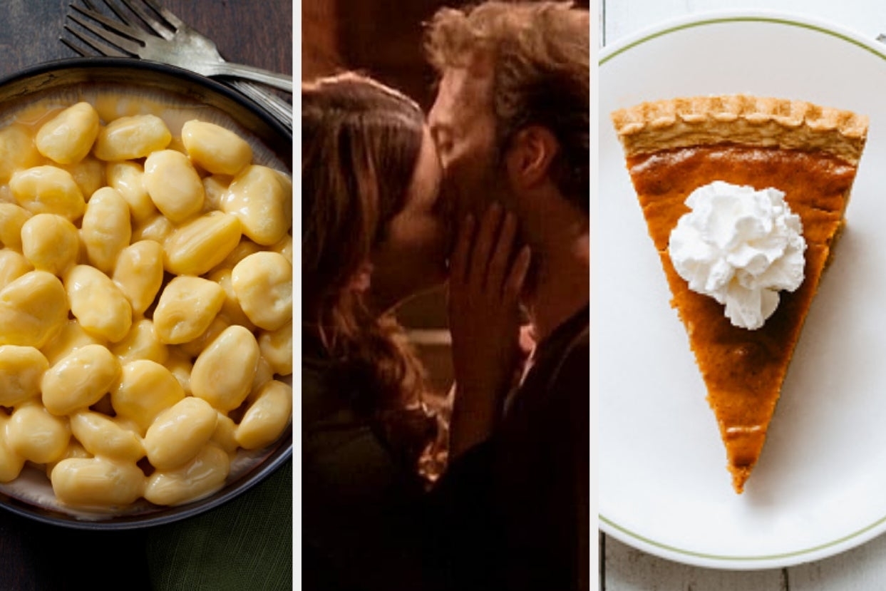 On the left, some gnocchi mac n cheese, in the middle, Lorelai and Luke from Gilmore Girls kissing, and on the right, a slice of pumpkin pie topped with whipped cream